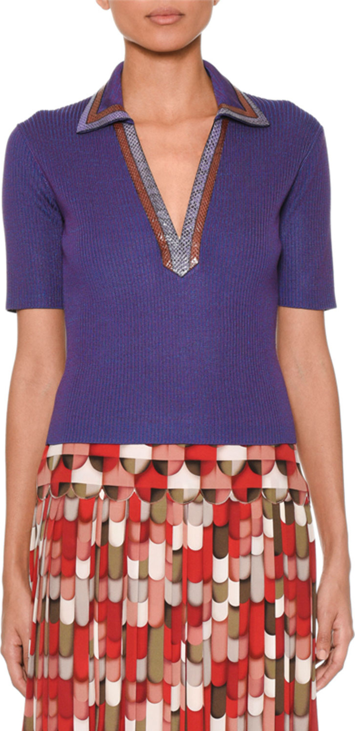 Bottega Veneta Short-Sleeve V-Neck Cropped Ribbed-Knit Polo Top with Snakeskin Trim Collar