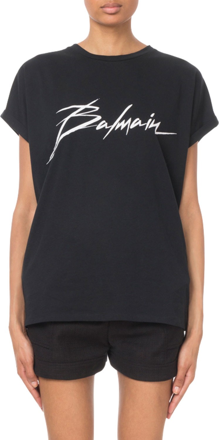 Balmain Short-Sleeve Crewneck Logo Signature Tee
