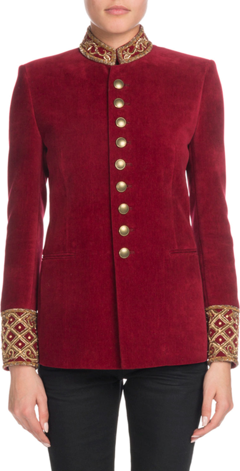 Saint Laurent Stand-Collar Button-Front Velvet Jacket w/ Embroidered Neck & Cuffs