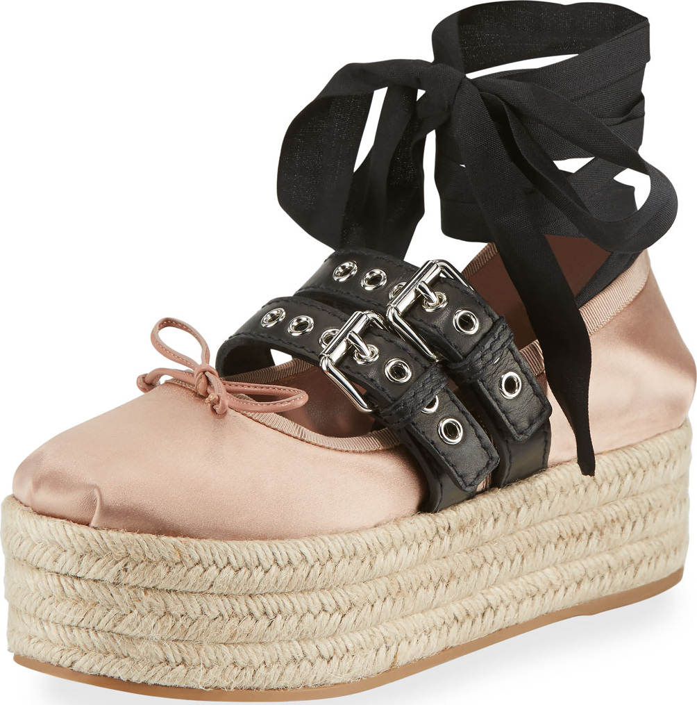 Miu Miu Ankle-Wrap Platform Espadrille Flat, Nudo/Nero