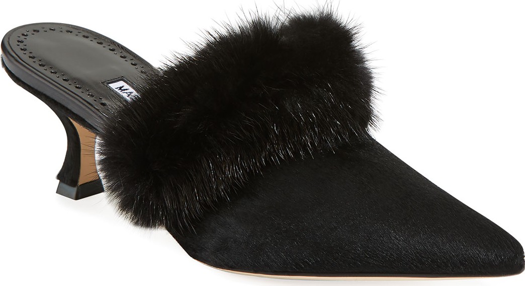 Manolo Blahnik Mariafina Leopard-Print Mules with Fur Trim
