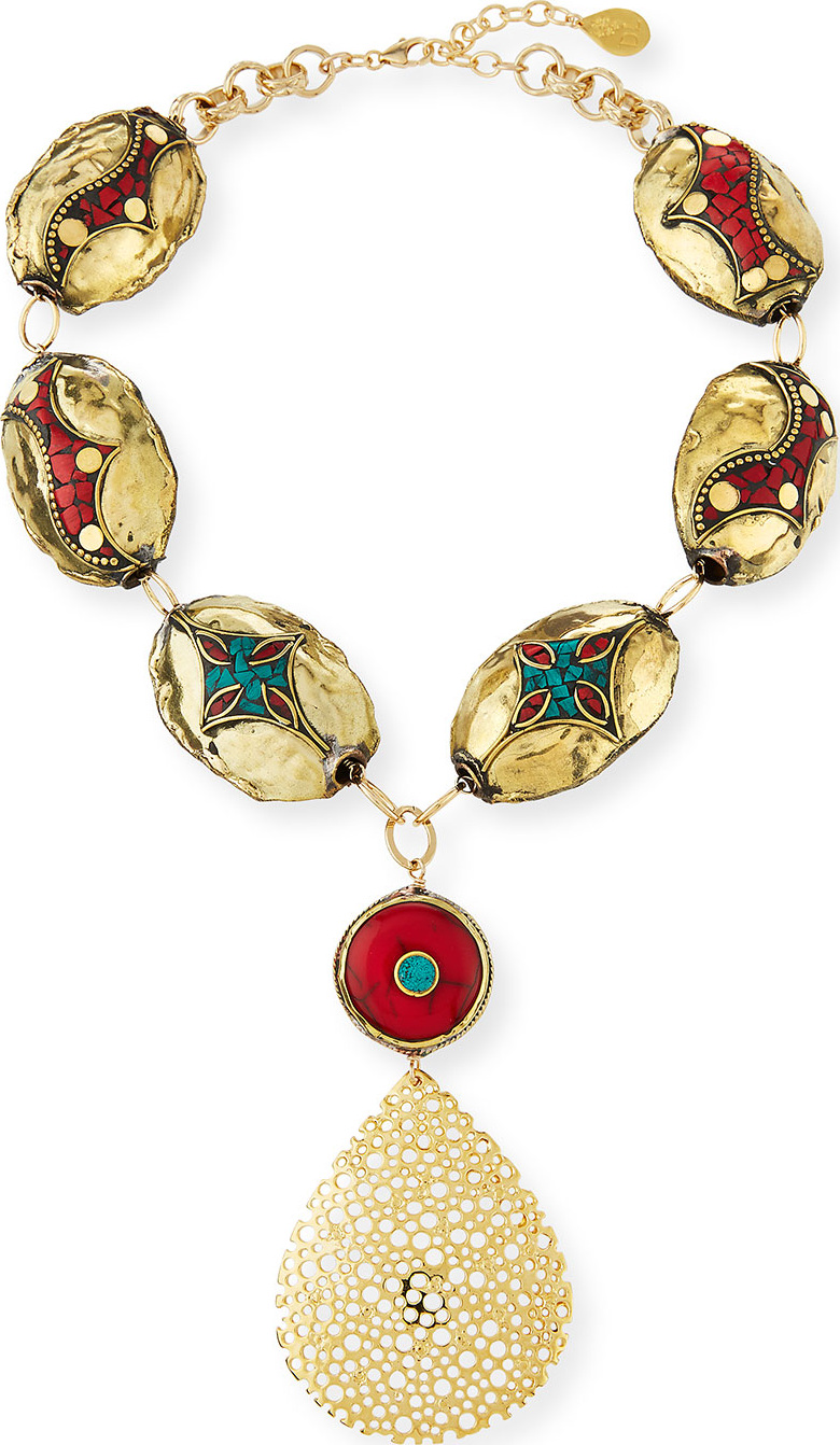 Devon Leigh Coral & Turquoise Filigree Pendant Necklace