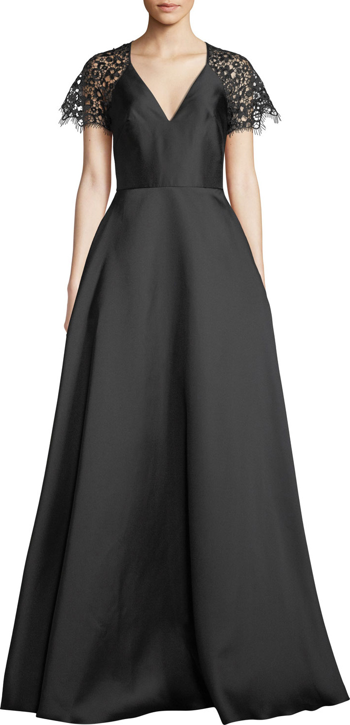 ML Monique Lhuillier V-Neck Ball Gown w/ Lace Sleeves