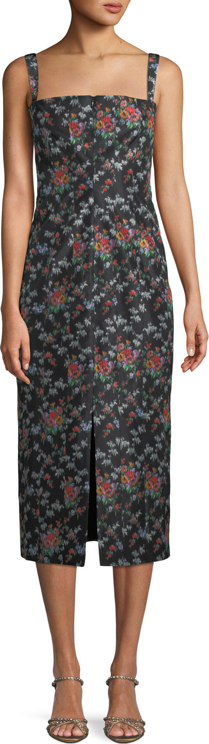 Brock Collection Sleeveless Square-Neck Rose-Print Silk Sheath Dress