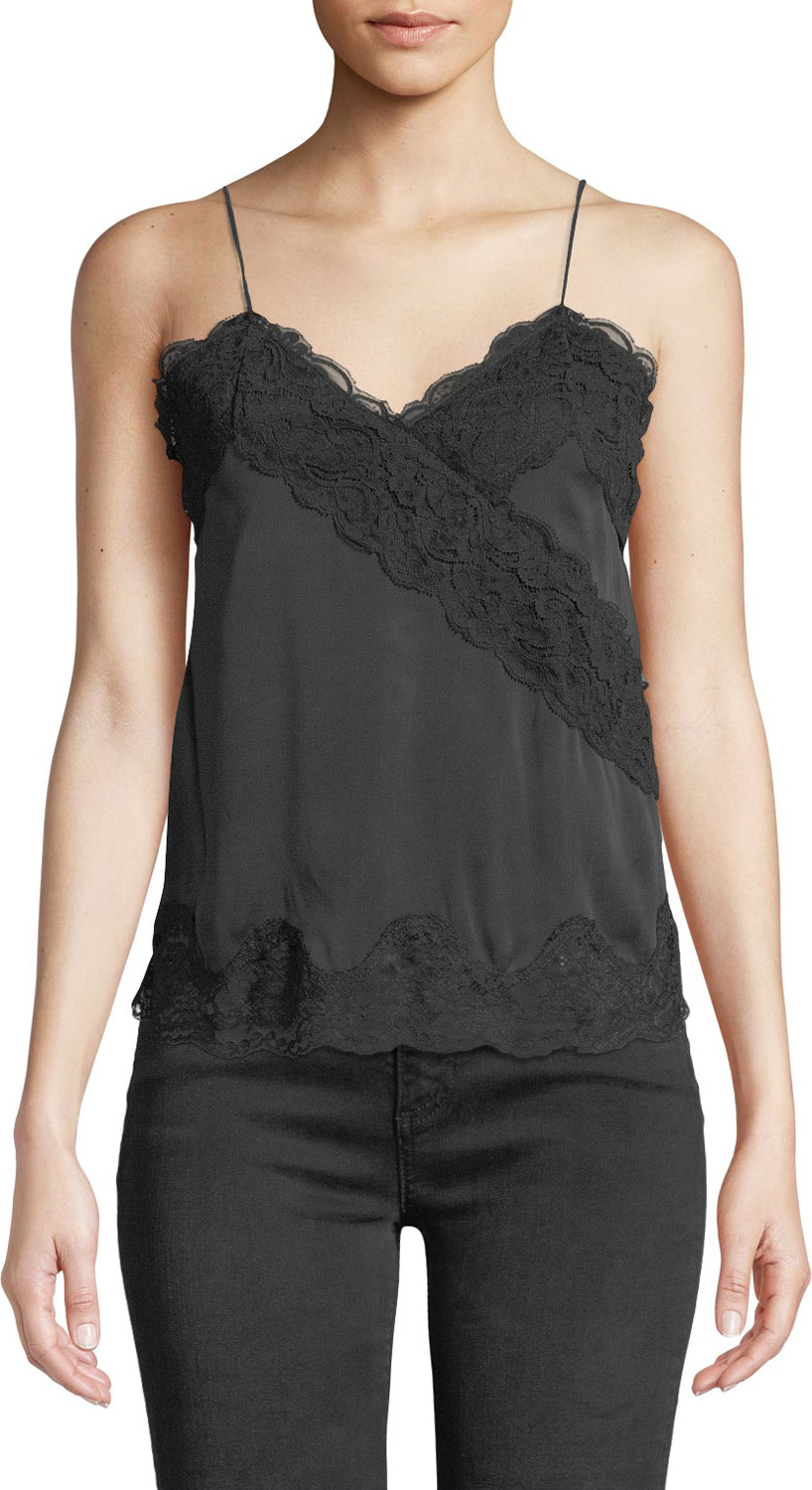 Alice + Olivia Dorine Mock-Wrap Lace-Trim Silk Camisole Top