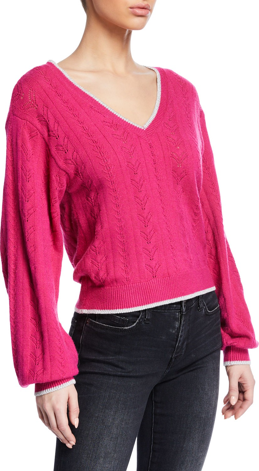 cupcakes and cashmere Ravi V-Neck Blouson-Sleeve Sweater w/ Metallic Trim