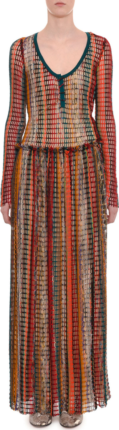 Missoni Scoop-Neck Long-Sleeve Multicolor Mesh  Long Dress