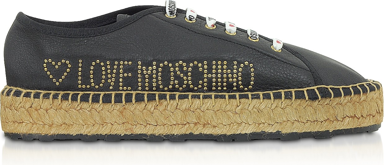 Love Moschino Black Leather Lace up Espadrilles
