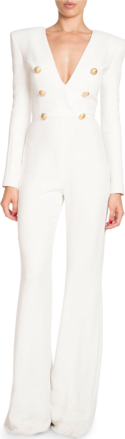 Balmain Deep-V Long-Sleeve Six-Button Flared-Leg Crepe Jumpsuit