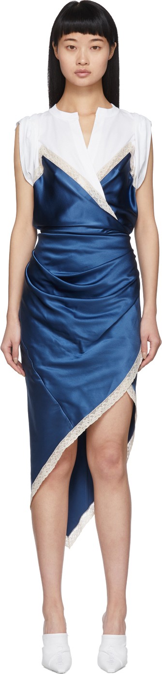 Alexander Wang White & Blue Silk Draped Slip Dress