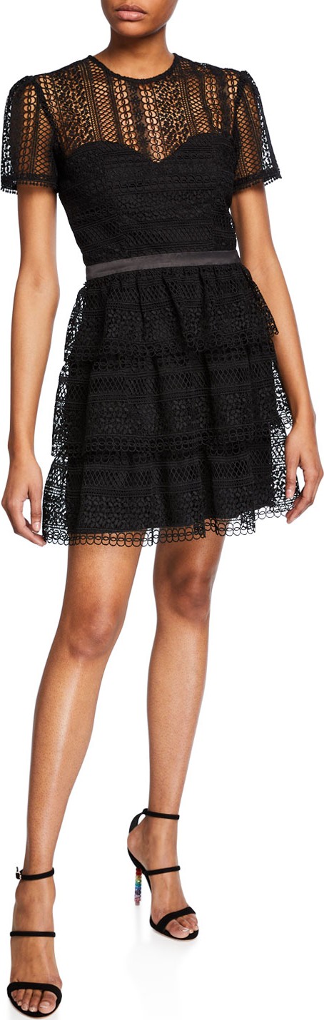 Bardot Ava Crewneck Short-Sleeve Tiered Lace Illusion Dress