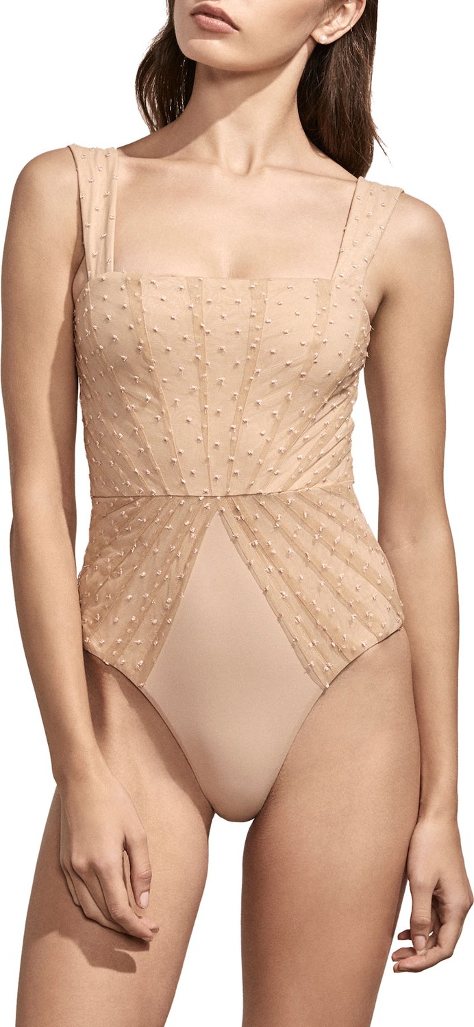 Amaiò Swim Avril Pleated-Mesh Maillot, Ivory