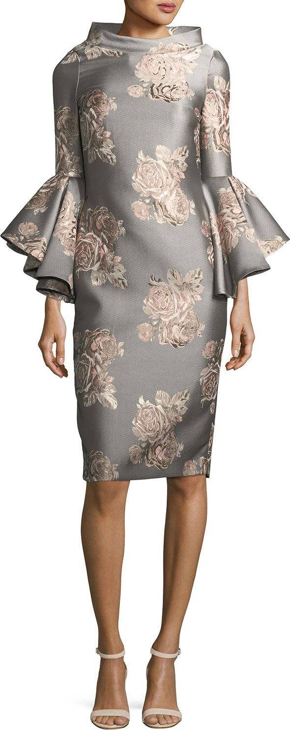 Badgley Mischka Funnel-Neck Flutter-Sleeve Floral-Jacquard Cocktail Dress