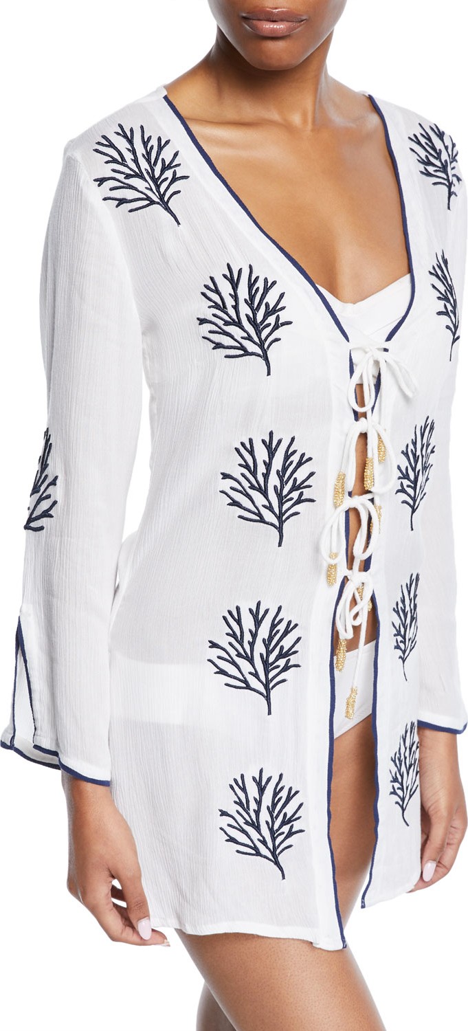 Letarte Coral Embroidered Tie-Front Coverup Tunic