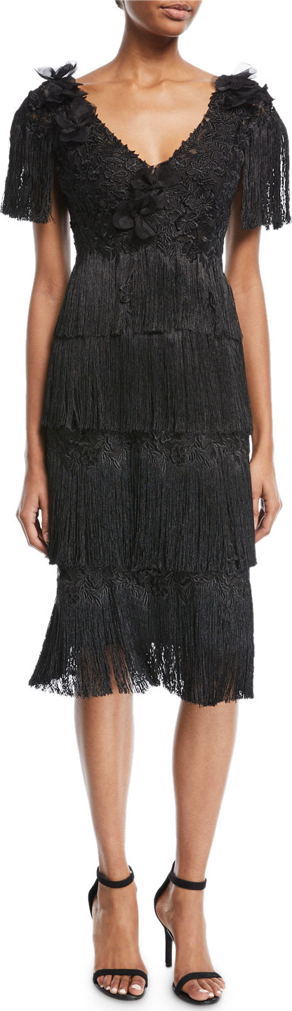 Marchesa Notte Tiered Fringe Knee-Length Cocktail Dress