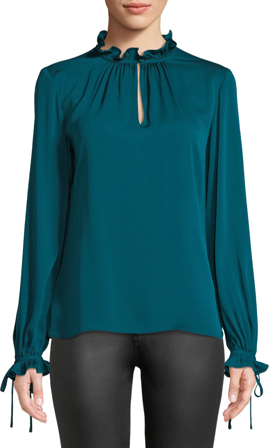 MILLY Jenny Ruffled-Neck Long-Sleeve Stretch-Silk Top