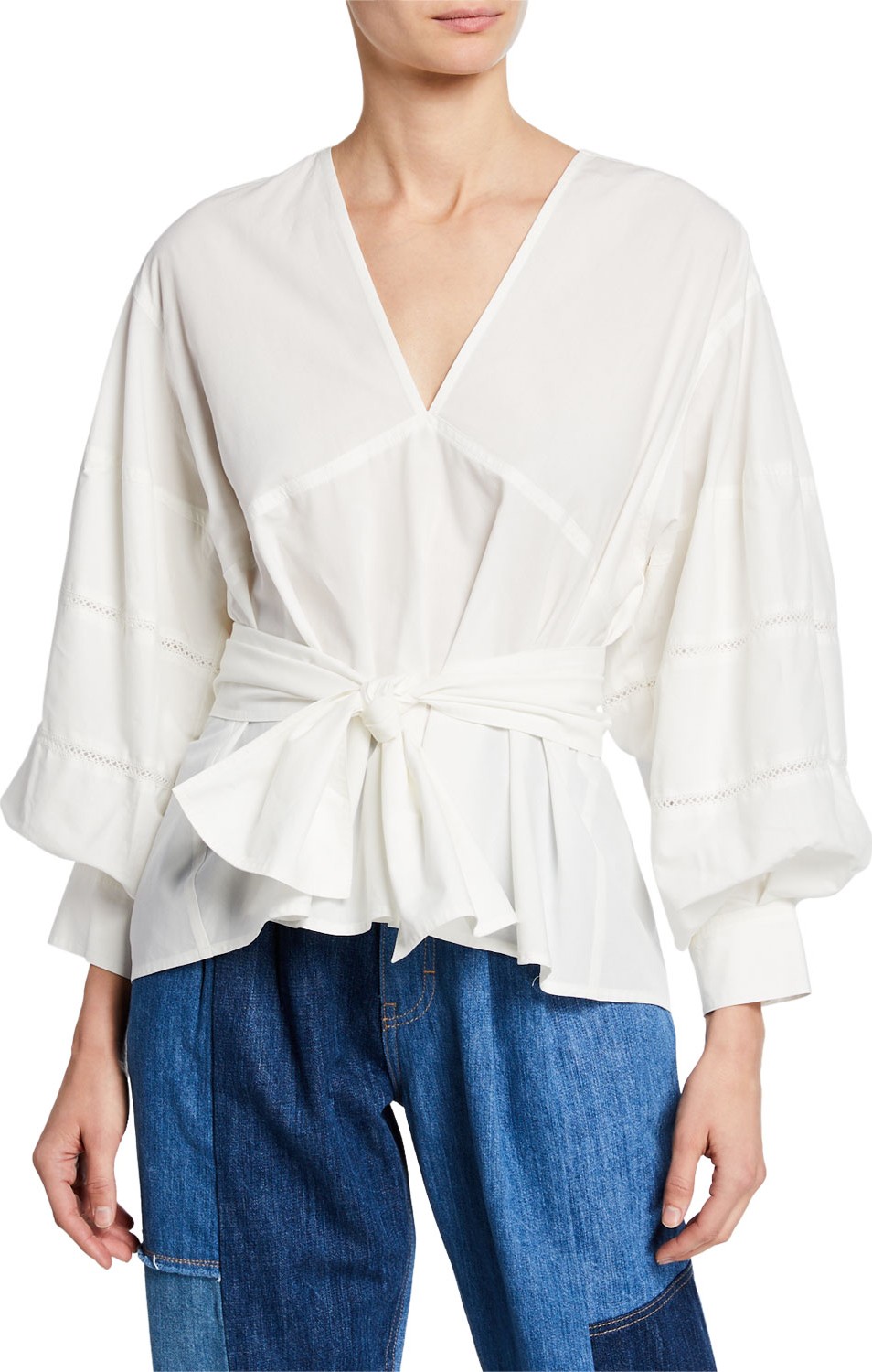 Derek Lam 10 Crosby Bell-Sleeve V-Neck Top with Waist Tie