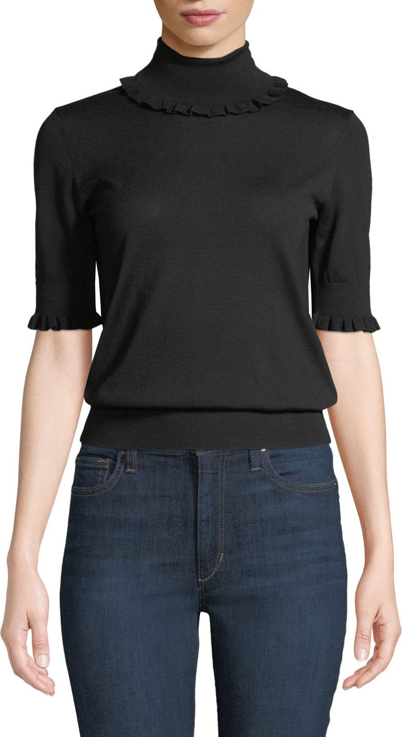 Michael Kors Collection Ruffled-Trim Turtleneck Elbow-Sleeve Merino Knit Top