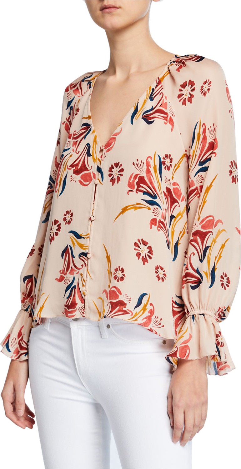 Joie Boyana Floral-Print V-Neck Long-Sleeve Silk Top