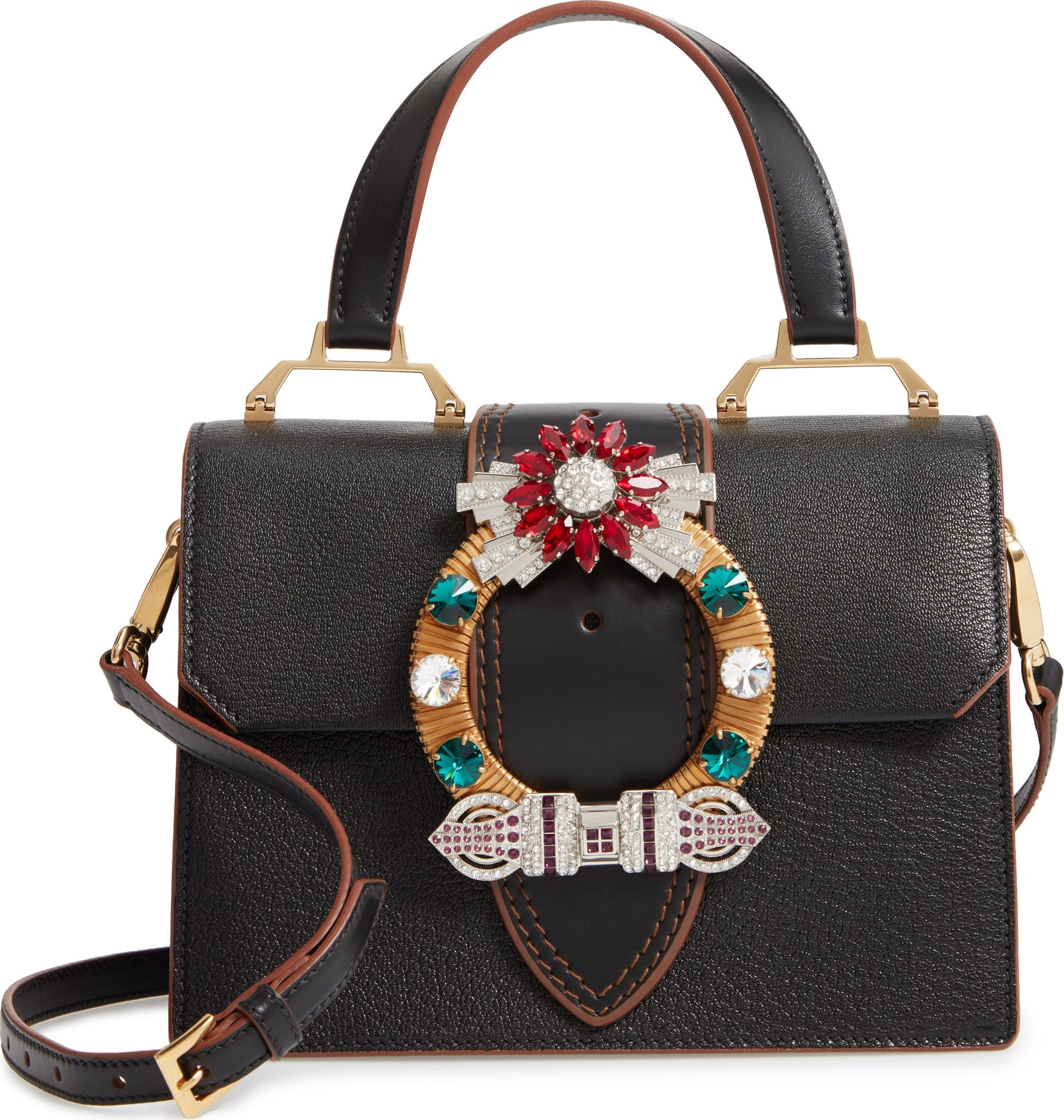 Miu Miu Madras Crystal Embellished Leather Top Handle Bag