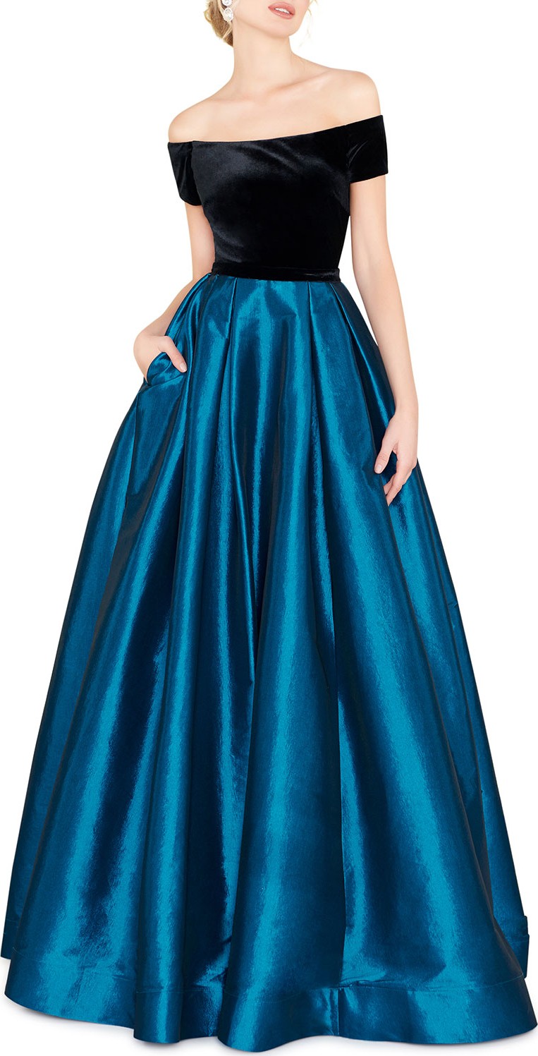 Mac Duggal Off-the-Shoulder Short-Sleeve Velvet Bodice Taffeta Ball Gown