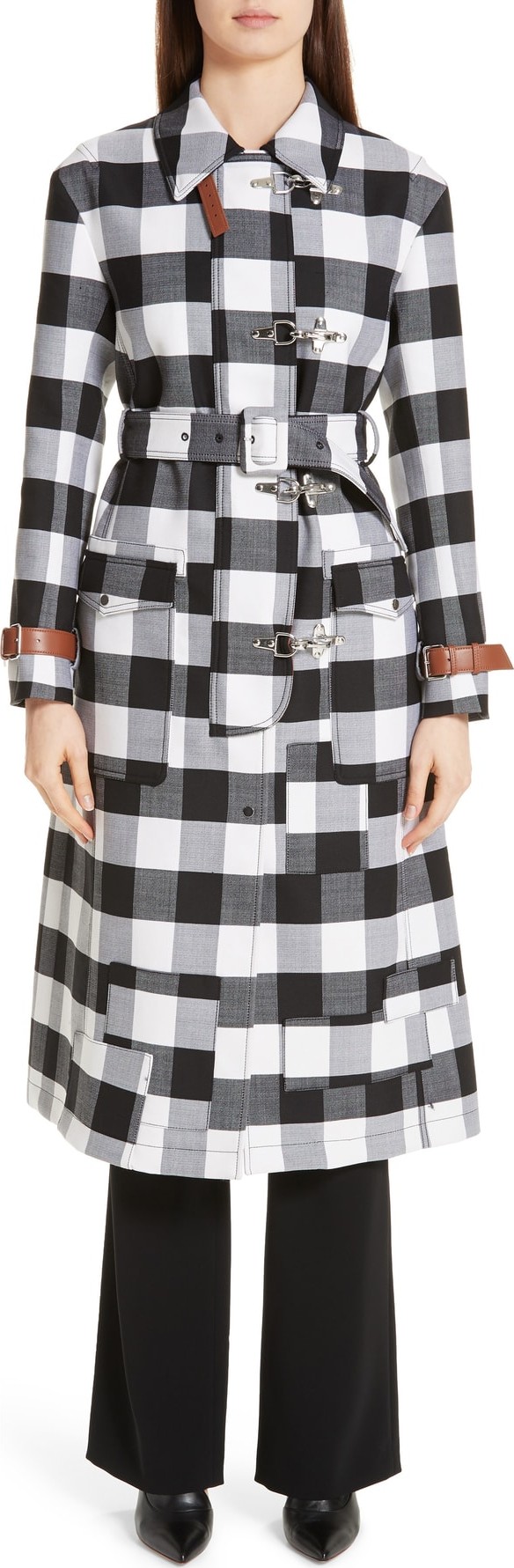 Altuzarra Leather Strap Gingham Stretch Wool Coat