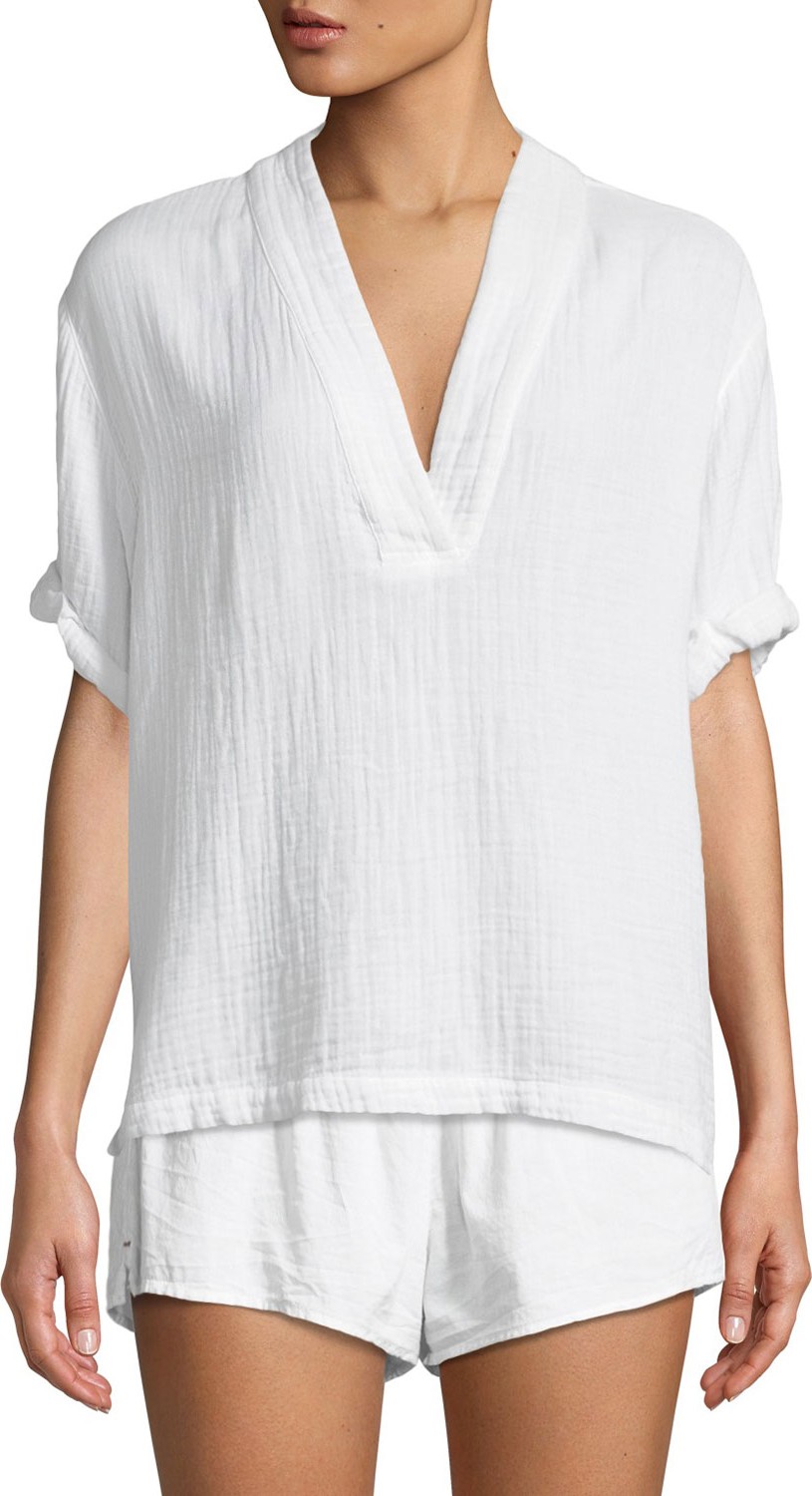 Xirena Avery Short-Sleeve Hammered Cotton Lounge Shirt