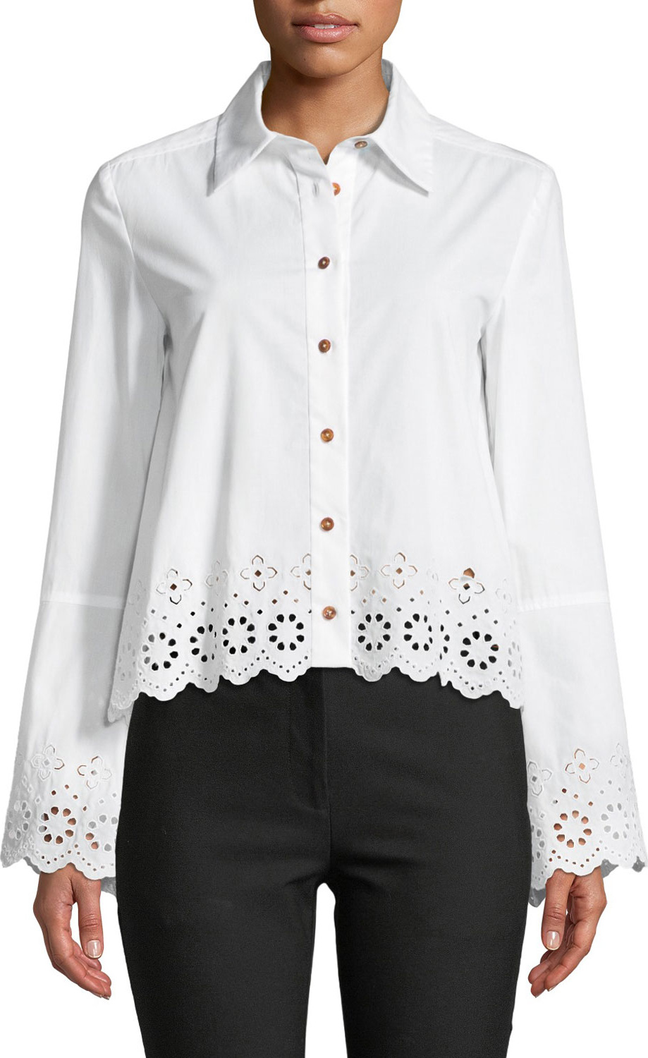 Derek Lam 10 Crosby Long-Sleeve Button-Down Shirt with Eyelet Embroidery