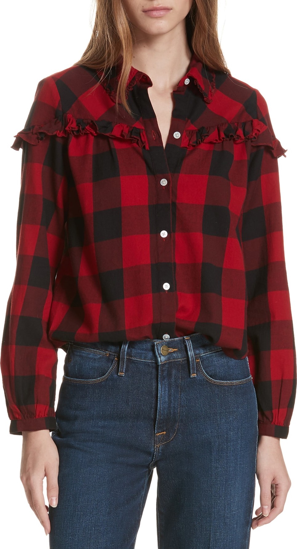 FRAME DENIM Ruffle Trim Buffalo Check Shirt