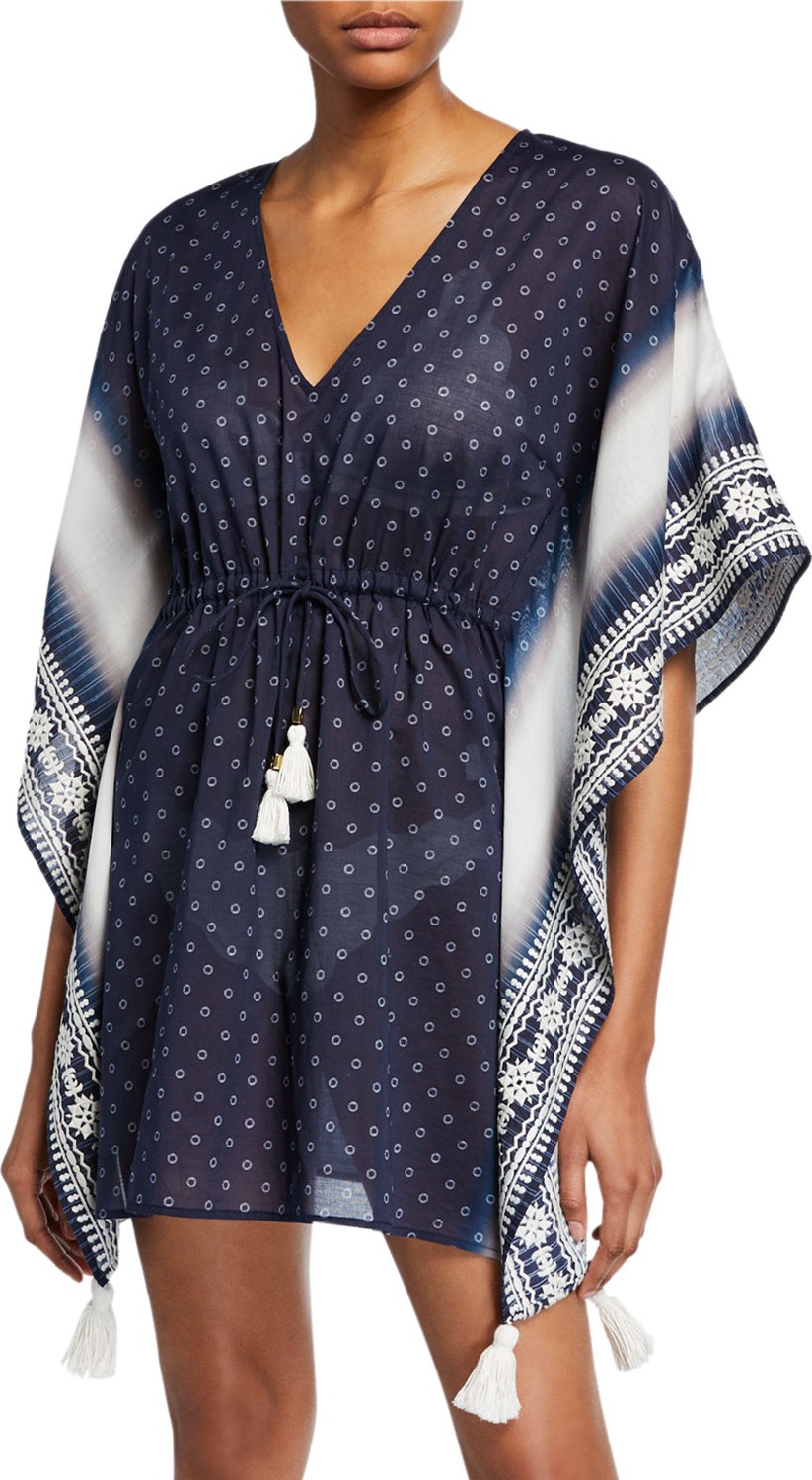 Tory Burch Ravena V-Neck Tie-Waist Cotton Caftan Coverup