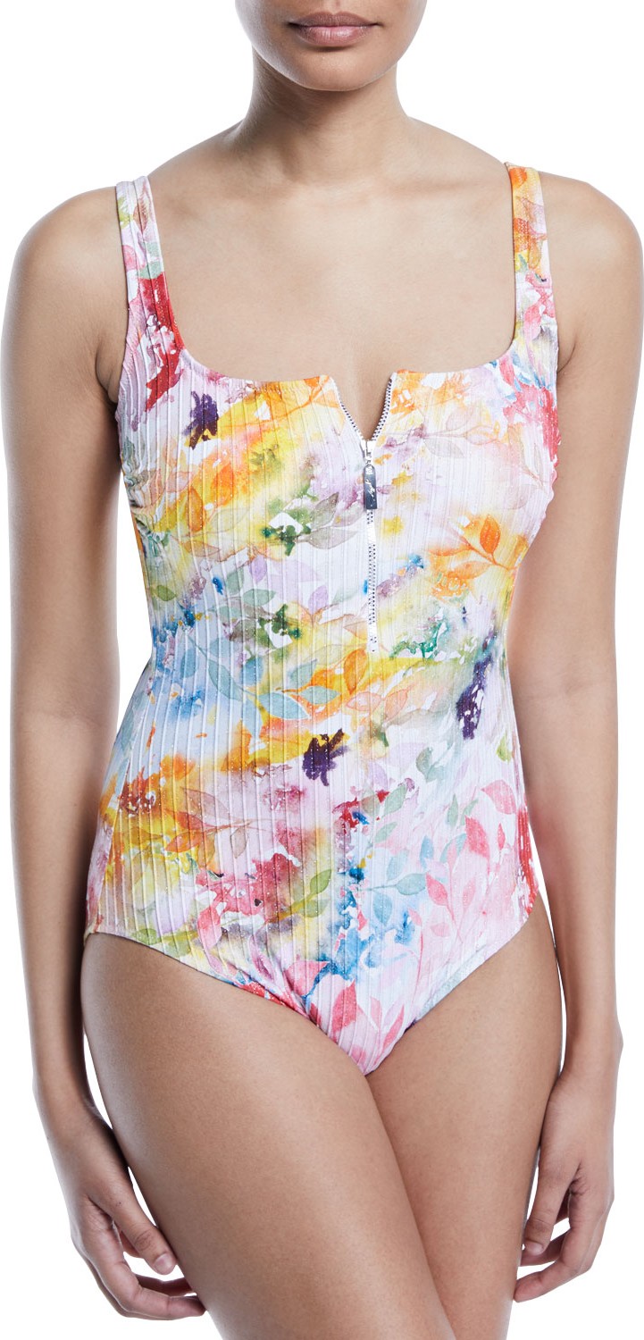 Gottex Aquarelle Square-Neck Partial-Zip Floral-Print Ribbed One-Piece Swimsuit