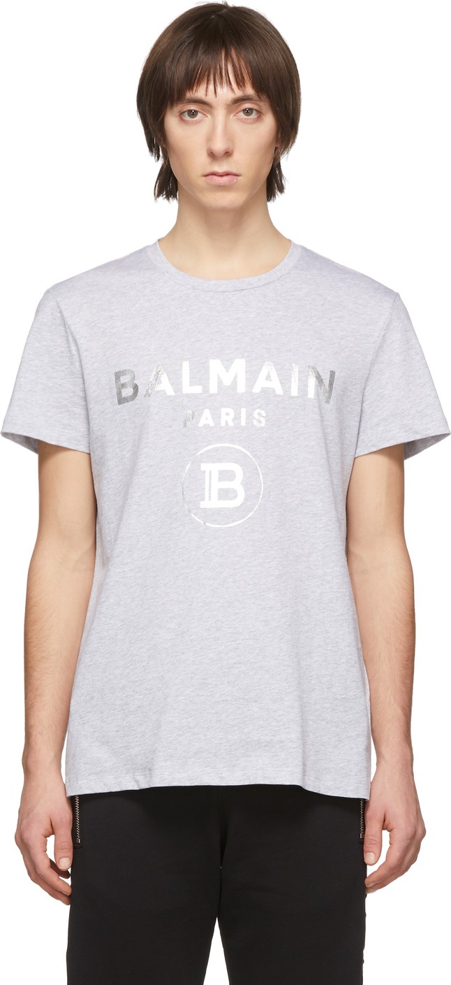 Balmain Grey & Silver Logo T-Shirt