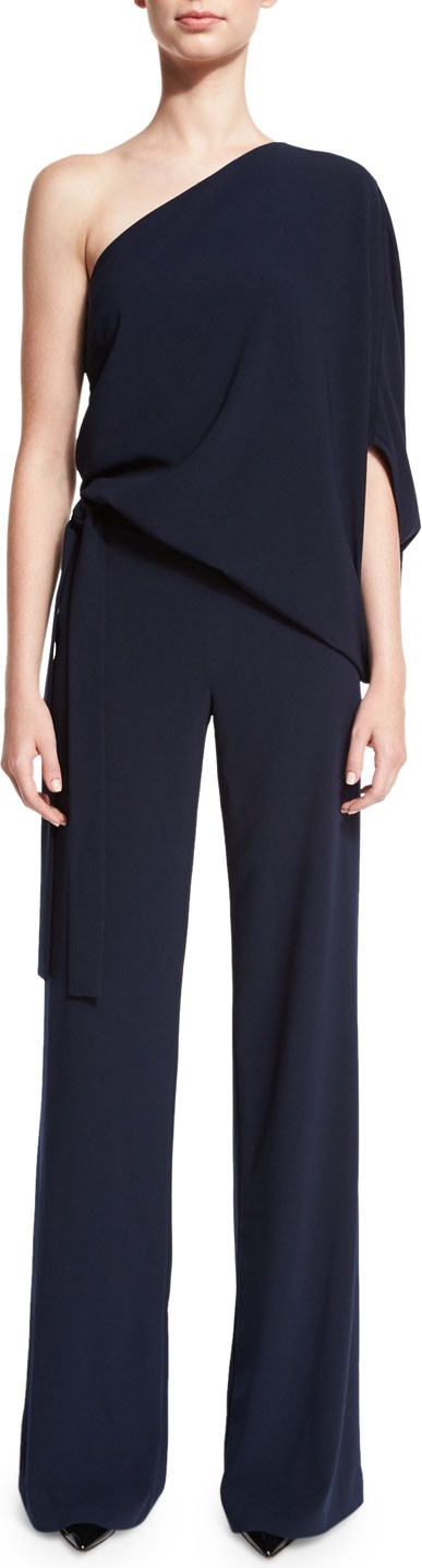 Halston One-Shoulder Draped Stretch Crepe Jumpsuit  Navy