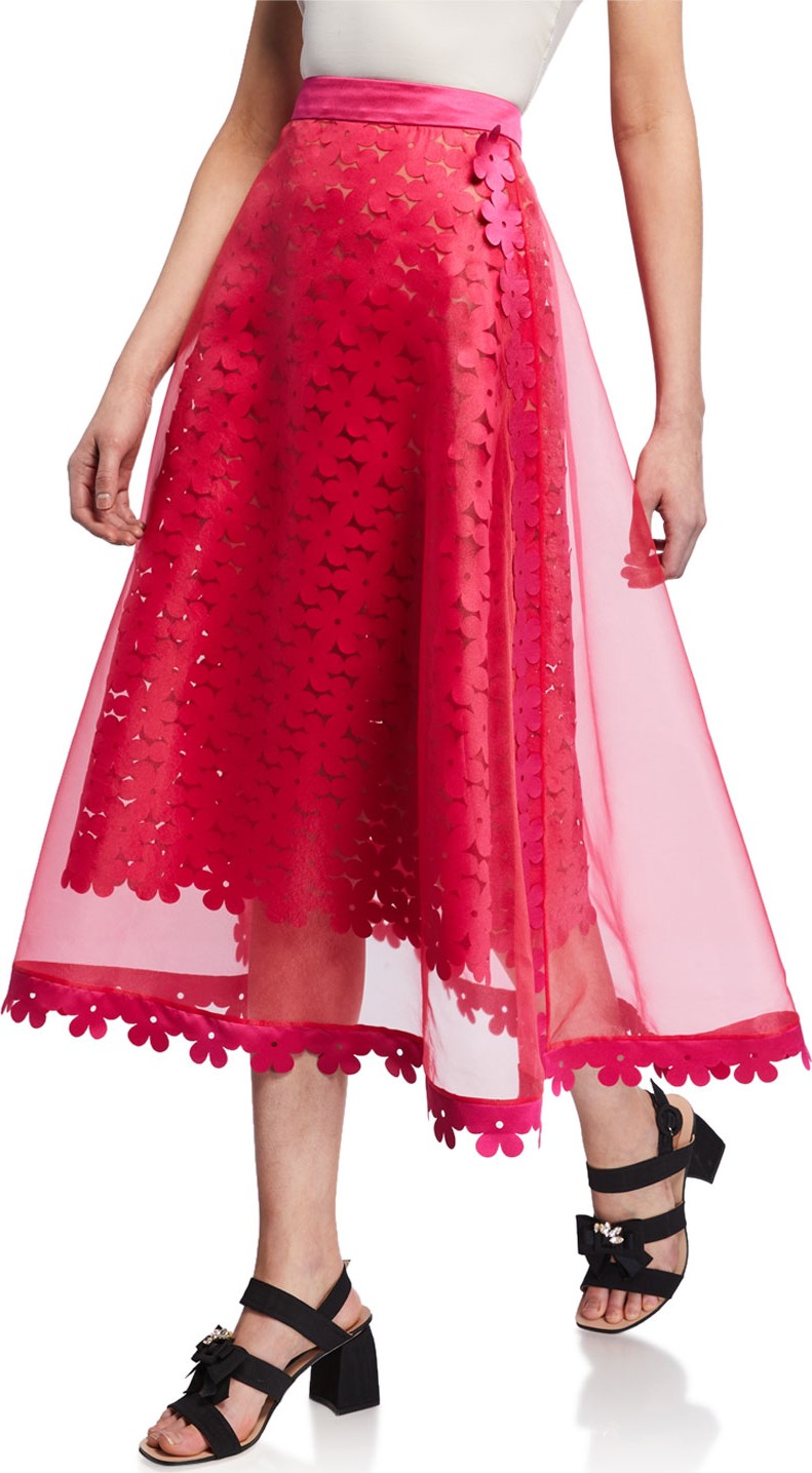 Paskal Double-Layered Laser-Cut Floral Midi Skirt