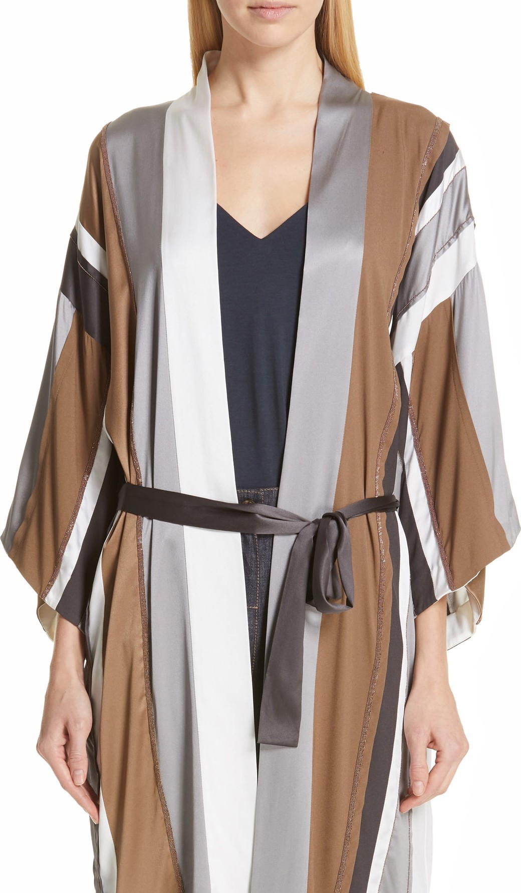 Brunello Cucinelli Monili Trim Stripe Satin Robe