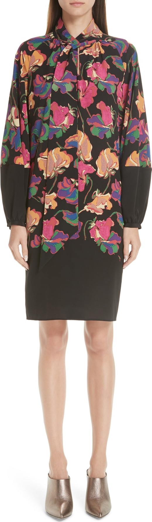 Etro Poppy Print Tie Neck Silk Dress