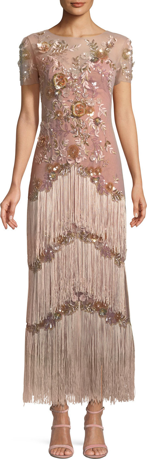 Marchesa Notte Short-Sleeve Illusion Fringe Column Gown