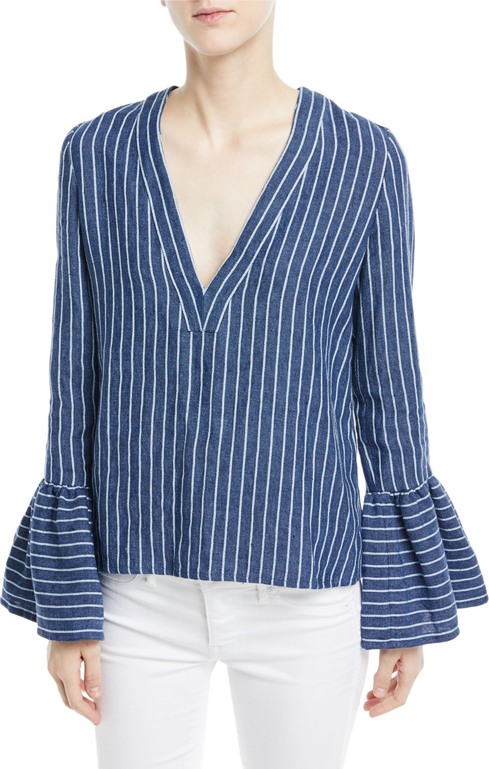 Alexis Pearce V-Neck Bell-Sleeve Striped Linen Top