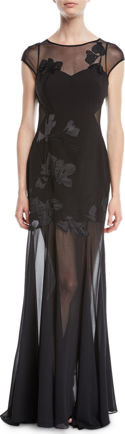 HALSTON HERITAGE Embroidered Cap-Sleeve Gown w/ Sheer Overlay