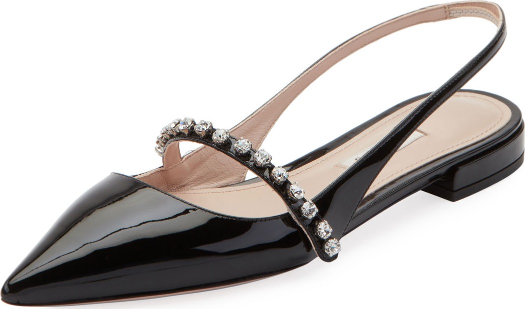 Miu Miu Patent Leather Crystal-Strap Slingback Flats