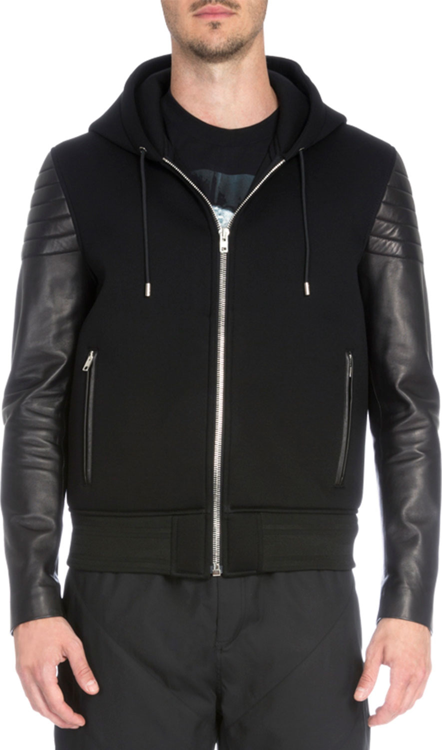 Givenchy Zip-Up Hoodie with Leather Sleeves, Black