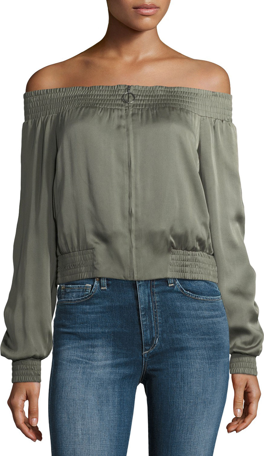 BCBGMAXAZRIA Marco Off-the-Shoulder Zip-Front Satin Top