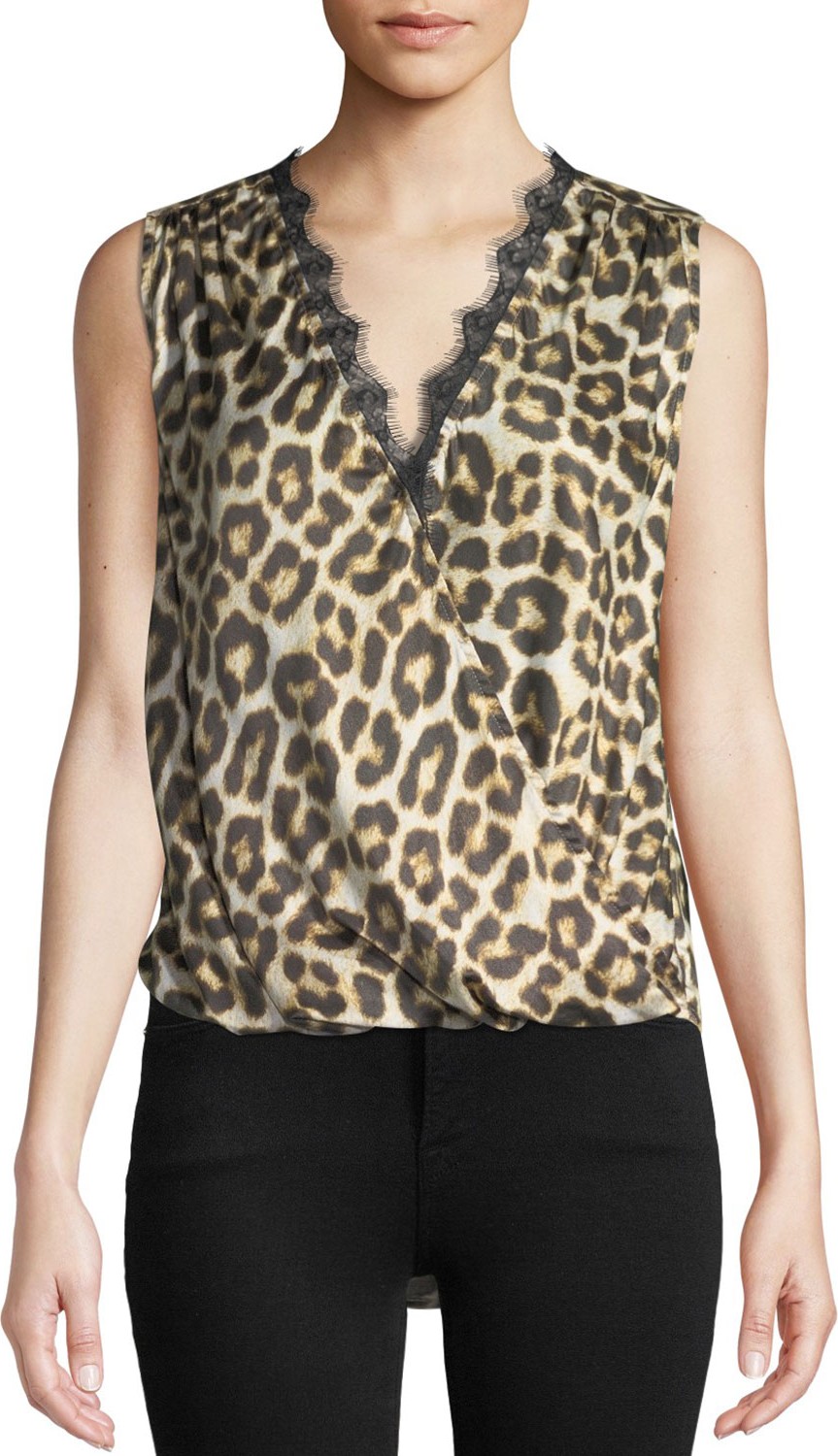 Velvet By Graham & Spencer Vada Leopard-Print Sleeveless Top with Lace Trim