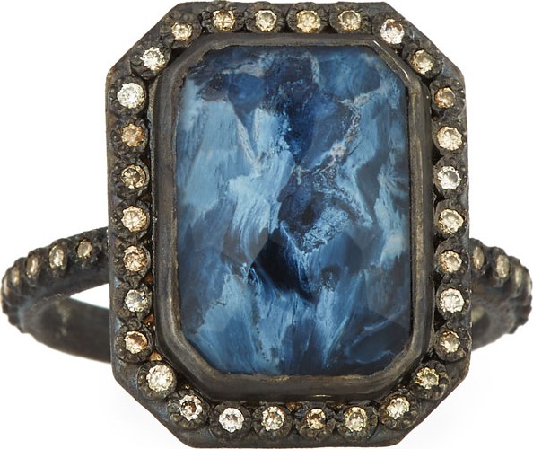 Armenta New World Emerald-Cut Blue Pietersite Doublet Ring with Diamonds