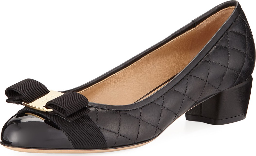 Salvatore Ferragamo Vara Quilted Stud Bow Low-Heel Pumps