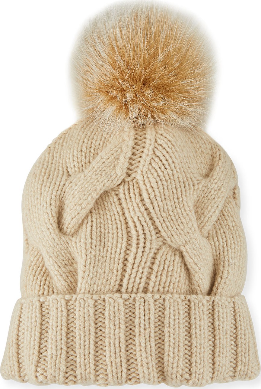 Loro Piana Cashmere Chunky Knit Beanie Hat w/ Fur Pompom