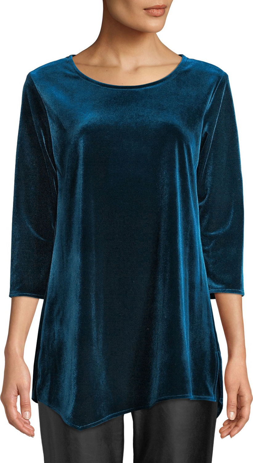 Caroline Rose Round-Neck 3/4-Sleeve Stretch-Velvet Angled Top