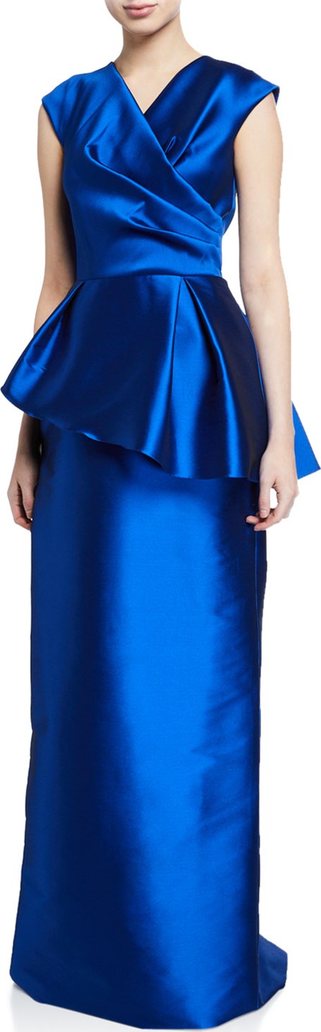 Rickie Freeman for Teri Jon V-Neck Cap-Sleeve Mikado Asymmetric Peplum Gown