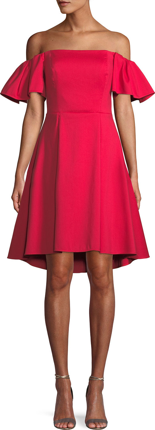 HALSTON HERITAGE Flounce-Sleeve Off-the-Shoulder Cocktail Dress