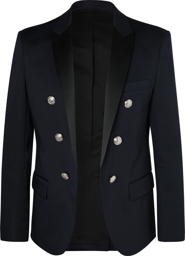 Balmain Navy Slim-Fit Double-Breasted Satin-Trimmed Cotton-Blend Blazer